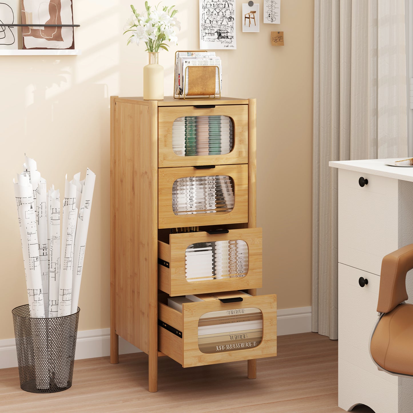 Kast Opbergsysteem – Kledingkast – Opbergkast – Ladekast – Dressoir – Bamboe & Gehard Glas – 40x40x97 cm – 4 Ruime Lades