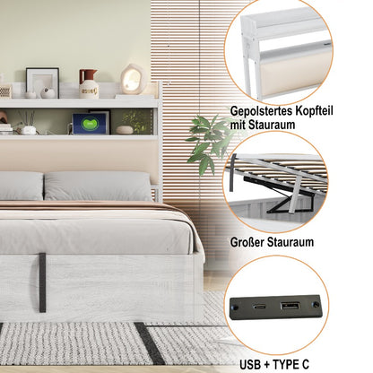 Metalen Bedframe – Beddenframe – Platformbed – Opbergbed – Hydraulisch Bed – 140x200 cm – Geïntegreerde Opbergruimte – Bekleed Hoofdbord