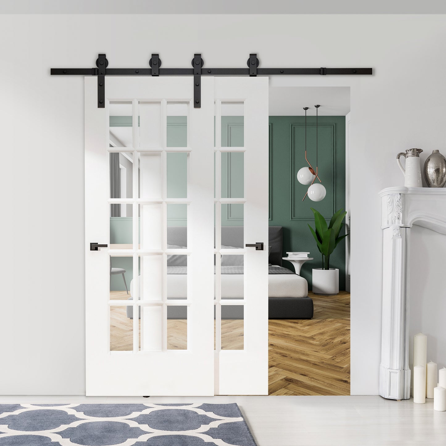 Schuifdeurset – Schuifdeursysteem – Deurbeslag – Ophangset – Rails – 200 cm – Zwart Staal – Compleet Voor Houten Deuren