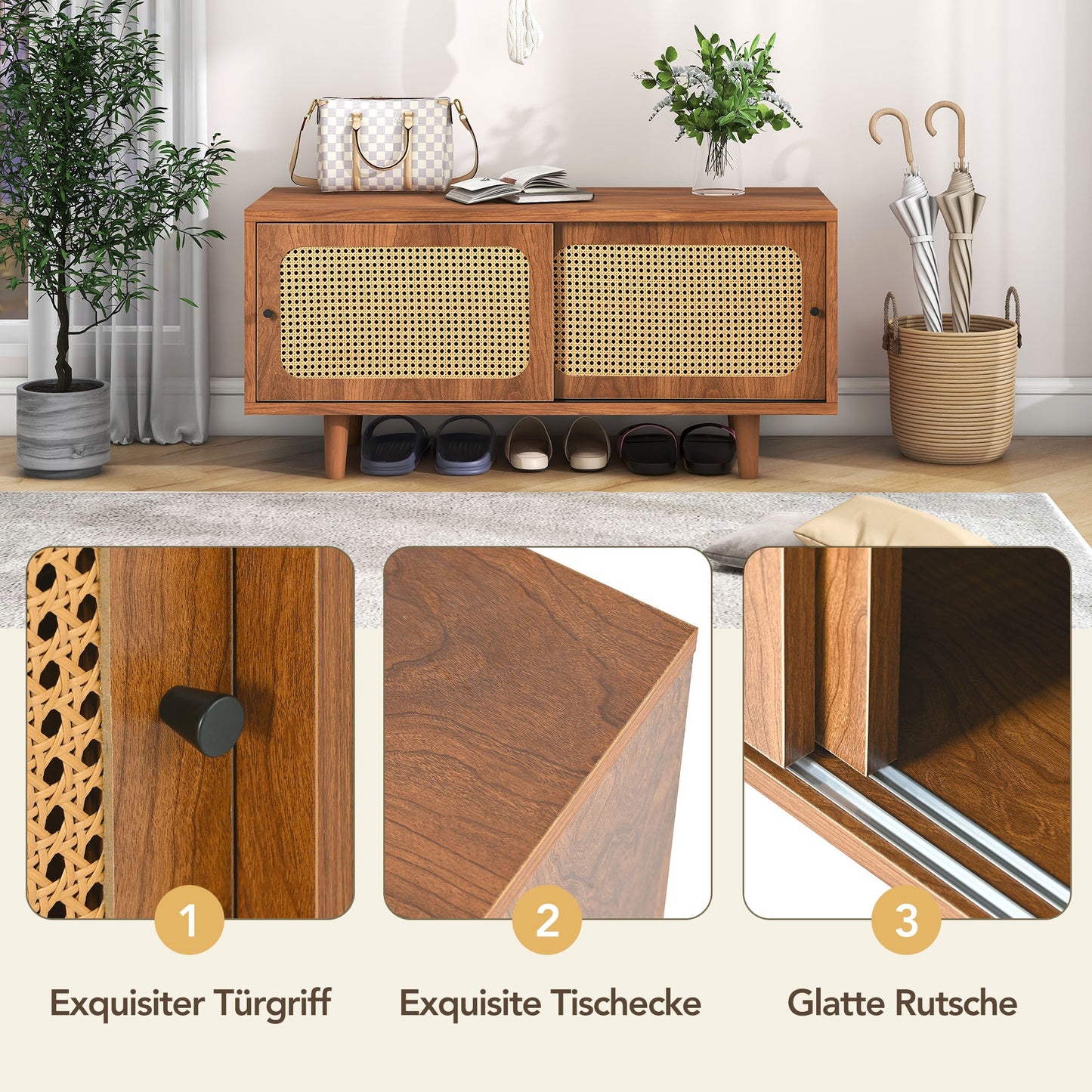 Rattan Shoe Cabinet with 2 Doors, Adjustable Shelf, Walnut Finish, Stylish Shoe Storage for Hallway, Living Room, and Bedroom, 104*40*48 cm
