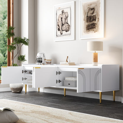 TV Cabinet | Low Unit with Textured Doors, Golden Handles, and Golden Feet | Optimal Storage for Audio-Visual Equipment, Games Consoles, Books, or Decorative Items | Keeps Belongings Efficiently Organized and Tidy | Metal Mat