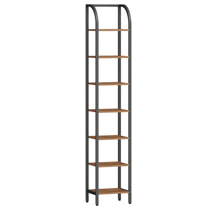 Boekenkast – Boekenrek – Vakkenkast – Opbergkast – Stellingkast – 7-laags vrijstaand – Industrieel vintage bruin en zwart – Slim smal design – Stevig metalen frame
