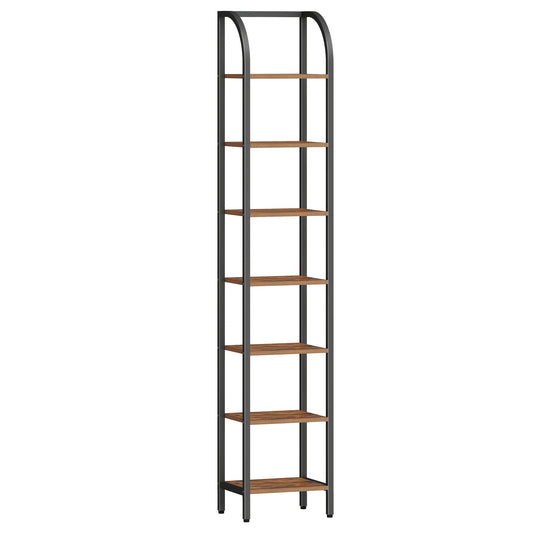 Boekenkast – Boekenrek – Vakkenkast – Opbergkast – Stellingkast – 7-laags vrijstaand – Industrieel vintage bruin en zwart – Slim smal design – Stevig metalen frame