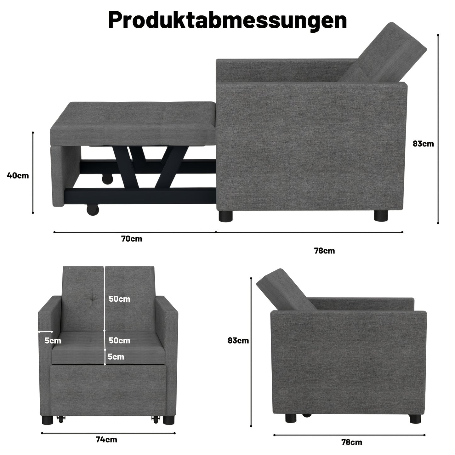 3-in-1 Sofa Bed Chair: Convertible Sleeper with Adjustable Backrest & Foldable Pull-Out Bed - Space-Saving Single Sofa Suitable for Small Apartments, Dorms, Studios - Assembly, Sturdy Frame, Modern Light Grey