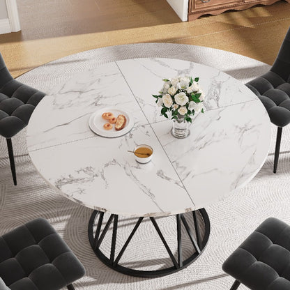 Ronde Eettafel – Tafeltje – Keukentafel – Eettafel Rond – Tafel 4 Personen – Marmeren Blad – Zwart Metalen Tripod Onderstel – 100x100x76 cm – Duurzaam & Stijlvol