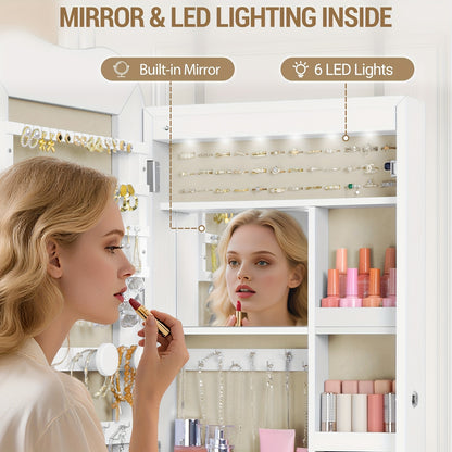Sieradendoos – Juwelendoos – Sieradenkast – Sieradenopberger – Sieraden Organizer – Met Spiegel – LED-Verlichting – Slot – Wit Met Greige Interieur