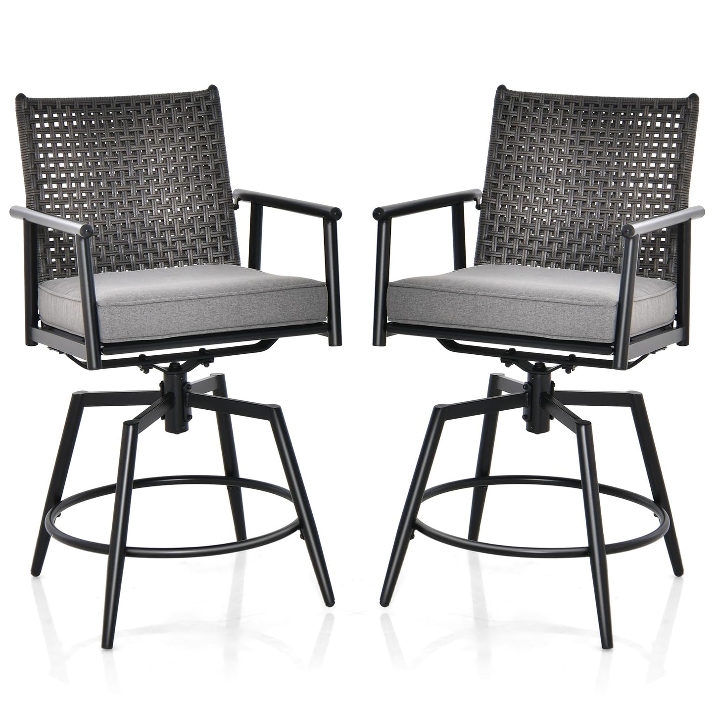 Barstoel – Barkruk – Barstoel Set – Barstoelen – Bistrostoel – 360° Draaibaar – 2-Laags PE-Rattan Rugleuning – Verstelbare Voetensteun – Metalen Frame – Set Van 2 – Zithoogte 64 cm
