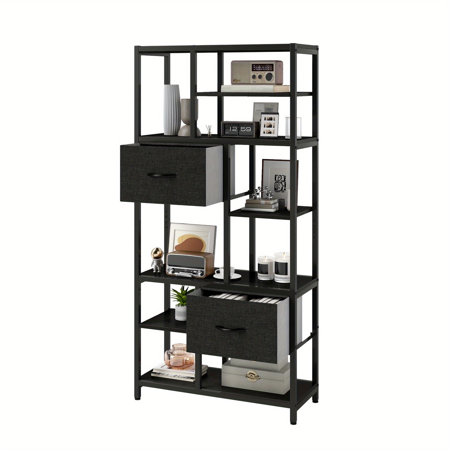 7-Laags Boekenkast – Boekenkast Met Lades – Smalle Boekenkast – Opbergkast – Vakkenkast – Industrieel Design – Stalen Frame & Houten Planken – Vrijstaand En Ruimtebesparend