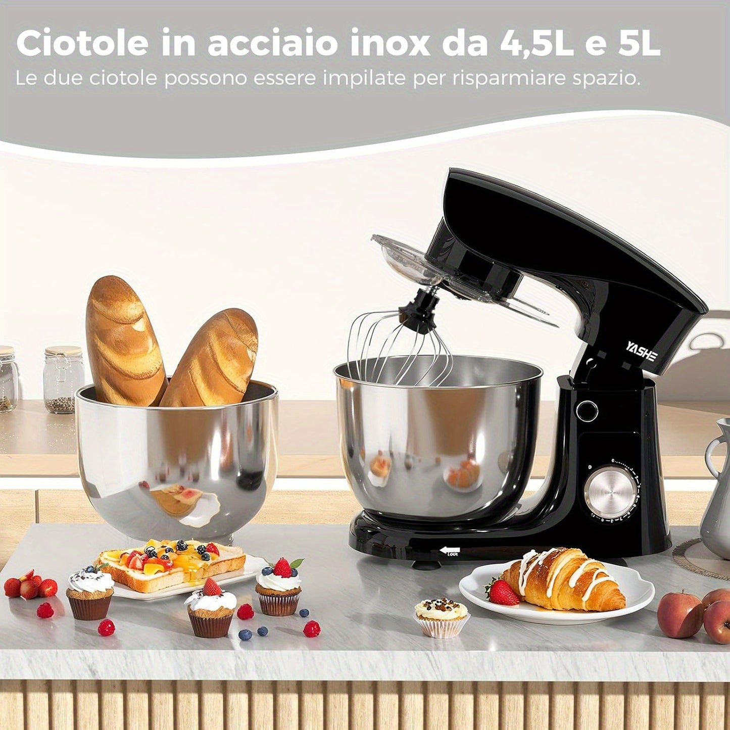 Stand Mixer, 4.5+5.5L Two Stainless Steel Bowls, 10+P Speed 1500W Tilt-Head Food Mixer with Dough Hook, Beater & Whisk
