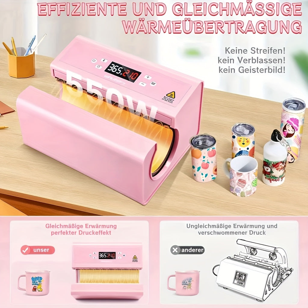 Automatische Beker Heat Press – Sublimatie Machine – Mok Drukpers – Tumbler Pers – Hitte Transfer Machine – 550W Snel Opwarmend – Voor 7,5-8,5 cm Bekers – Inclusief Sublimatievellen & Tape – Draagbaar & Gebruiksvriendelijk – Roze