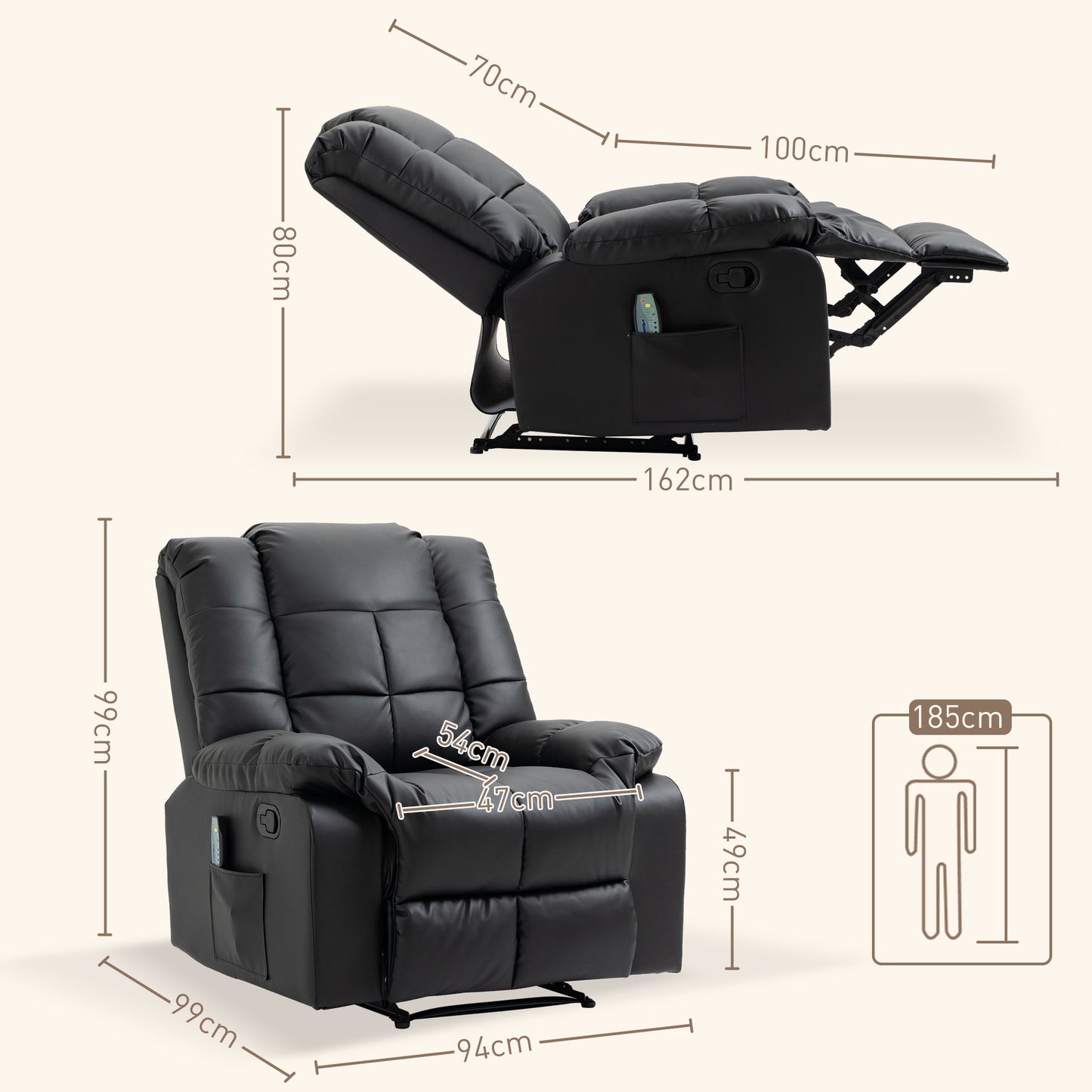 Massagestoel – Relaxstoel – Zitstoel – Wellnessstoel – Ontspanningsstoel – Zwart – 8 Trillingspunten – Verstelbare Rugleuning – Kunstleer – Compact 94x99x99 cm
