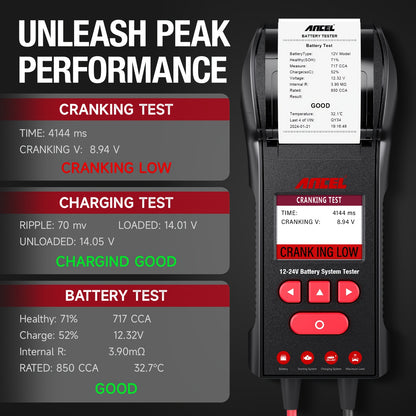 Batterijtester – Accutester – Accutestapparaat – Auto Accumeter – Accu Diagnose – 12V en 24V Batterijen – Ingebouwde Printer voor Directe Afdrukken