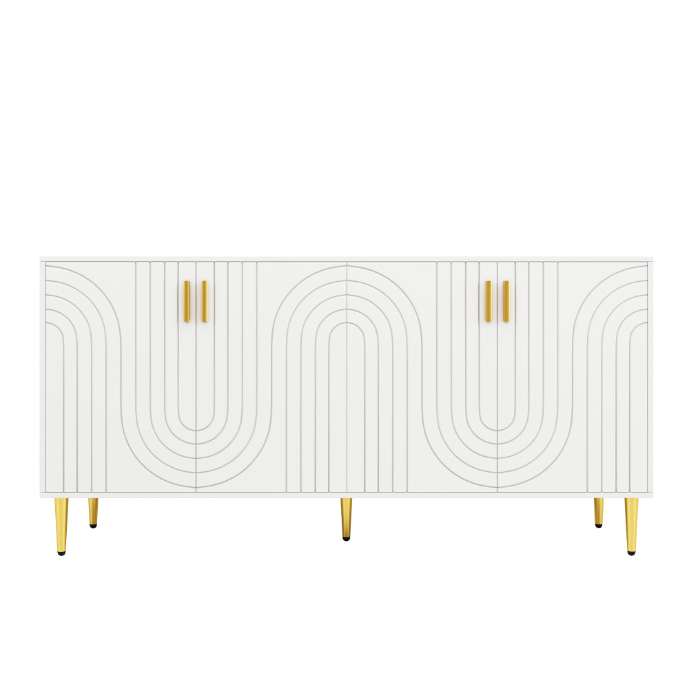 Wit Sideboard – Dressoir – Buffetkast – Opbergkast – Eetkamerkast – Uniek Golf Design – Gouden Handgrepen en Poten – 152 x 40 x 75 cm – Multifunctionele Opbergruimte