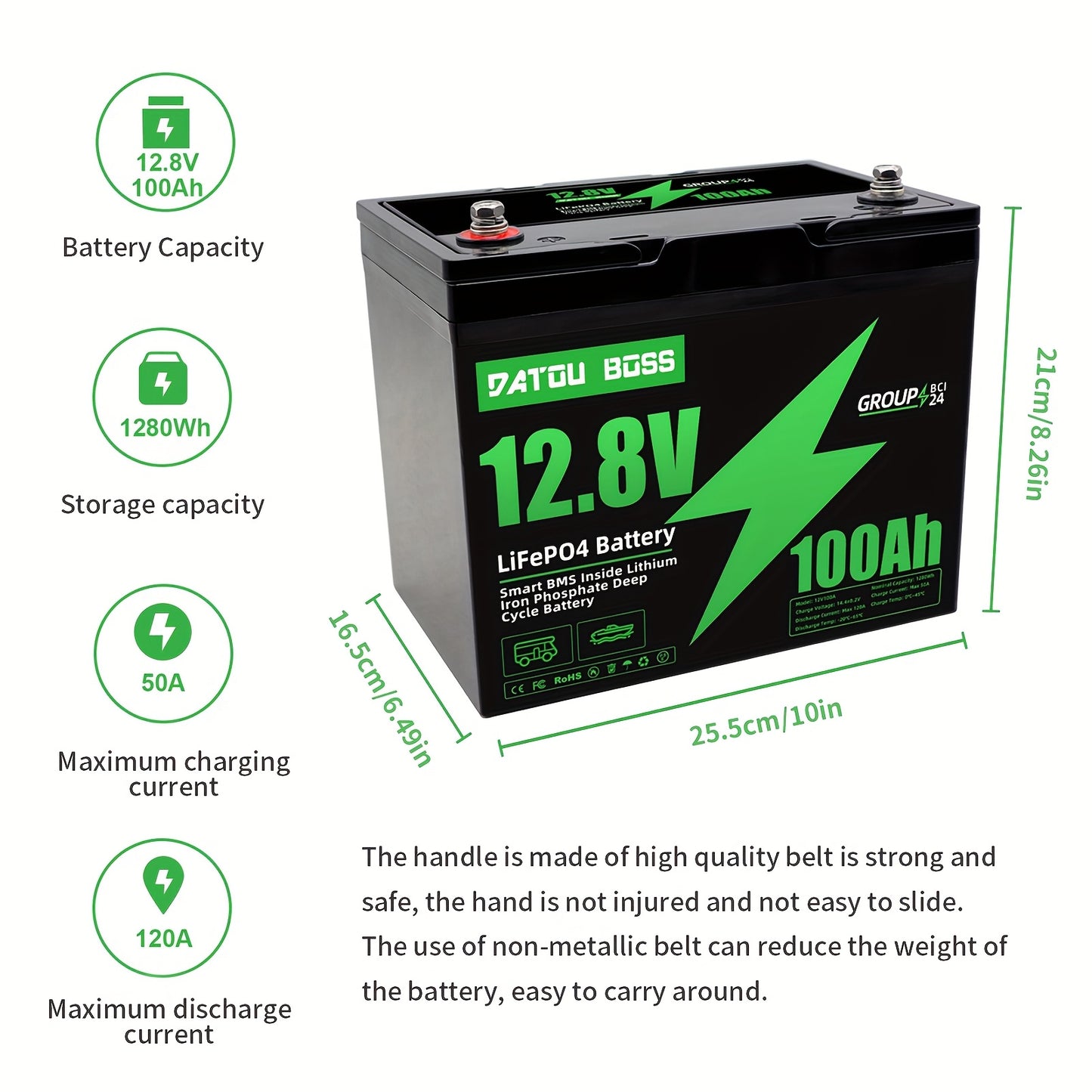 DATOUBOSS 12.8V 100Ah LiFePO4 Battery with Smart BMS (100A) - 4000+ Cycles, 10-Year Lifespan, Low-Temp Proof Lithium Battery for RV, Solar, Boat, Off-Grid - Compatible with 24-Group Systems, 1/3 Weight & 5120Wh Scalable (for,