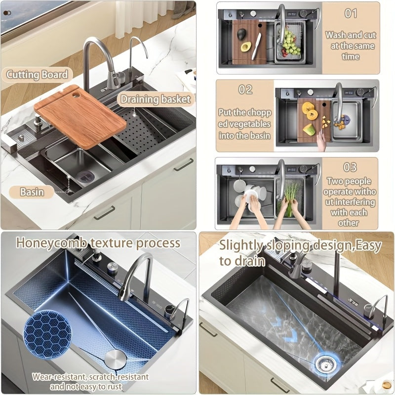 Keukenspoelbak – Spoelbak – Gootsteen – Wasbak – Spoelbakken – RVS Geborsteld – Enkele Bak 75x45 cm – Digitale Display – Uitneembare Uittrekbare Kraan