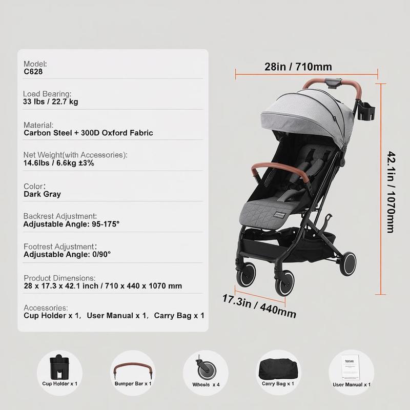Babywagen – Kinderwagen – Wandelwagen – Buggy – Baby Stroller – Verstelbare Rugleuning 95-175° – Lichtgewicht Carbonstaal Frame