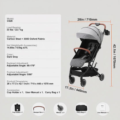 Babywagen – Kinderwagen – Wandelwagen – Buggy – Baby Stroller – Verstelbare Rugleuning 95-175° – Lichtgewicht Carbonstaal Frame