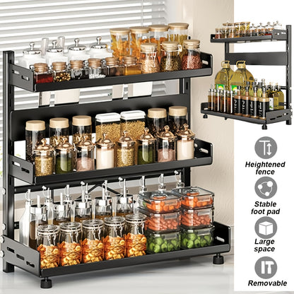 Kruidenrek – Kruidendispenser – Specerijenrek – Keukenrek – Kruidenhouder – Verstelbaar 3-laags – Zwart Metalen Koolstofstaal