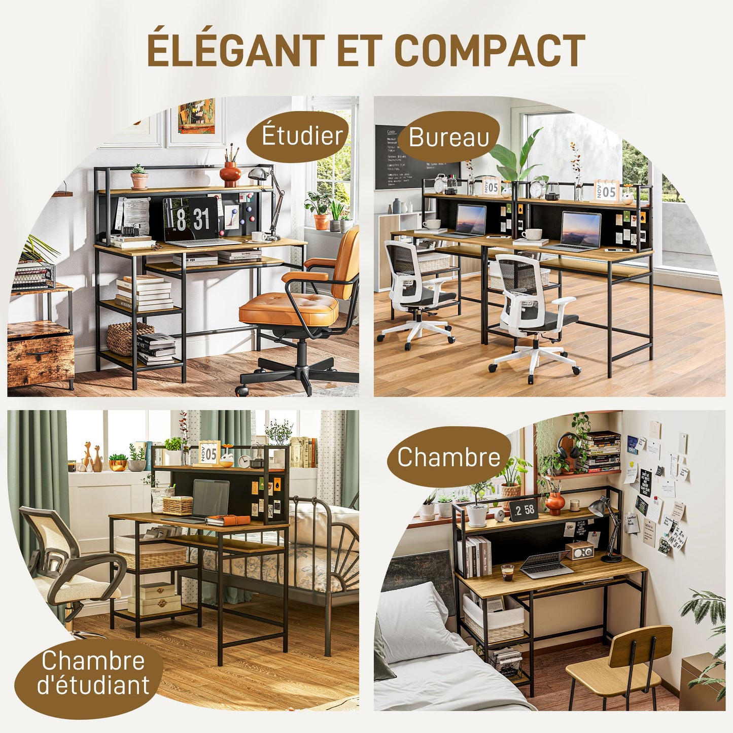 Computertafel – Bureau – Werkplek – Schrijftafel – Studietafel – Met 4 Opbergrekken – Zwart Schrijfbord – 120x53x126 cm – Industrieel Bruin Zwart