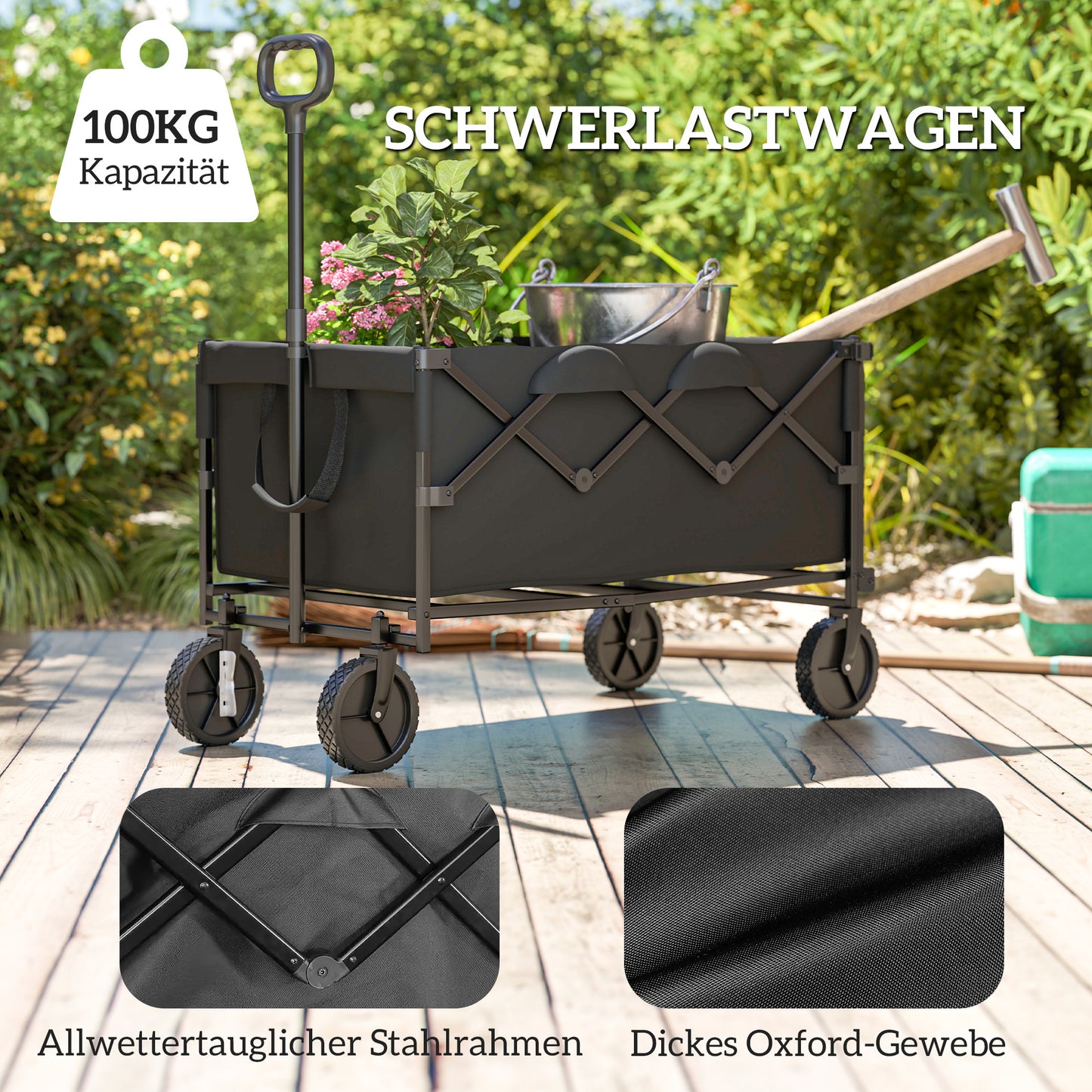 Tuinkar – Kruiwagen – Transportkar – Vouwkar – Trolley – Opvouwbaar – Draagvermogen 100 kg – Afneembaar Waterdicht Zeil – Zwart
