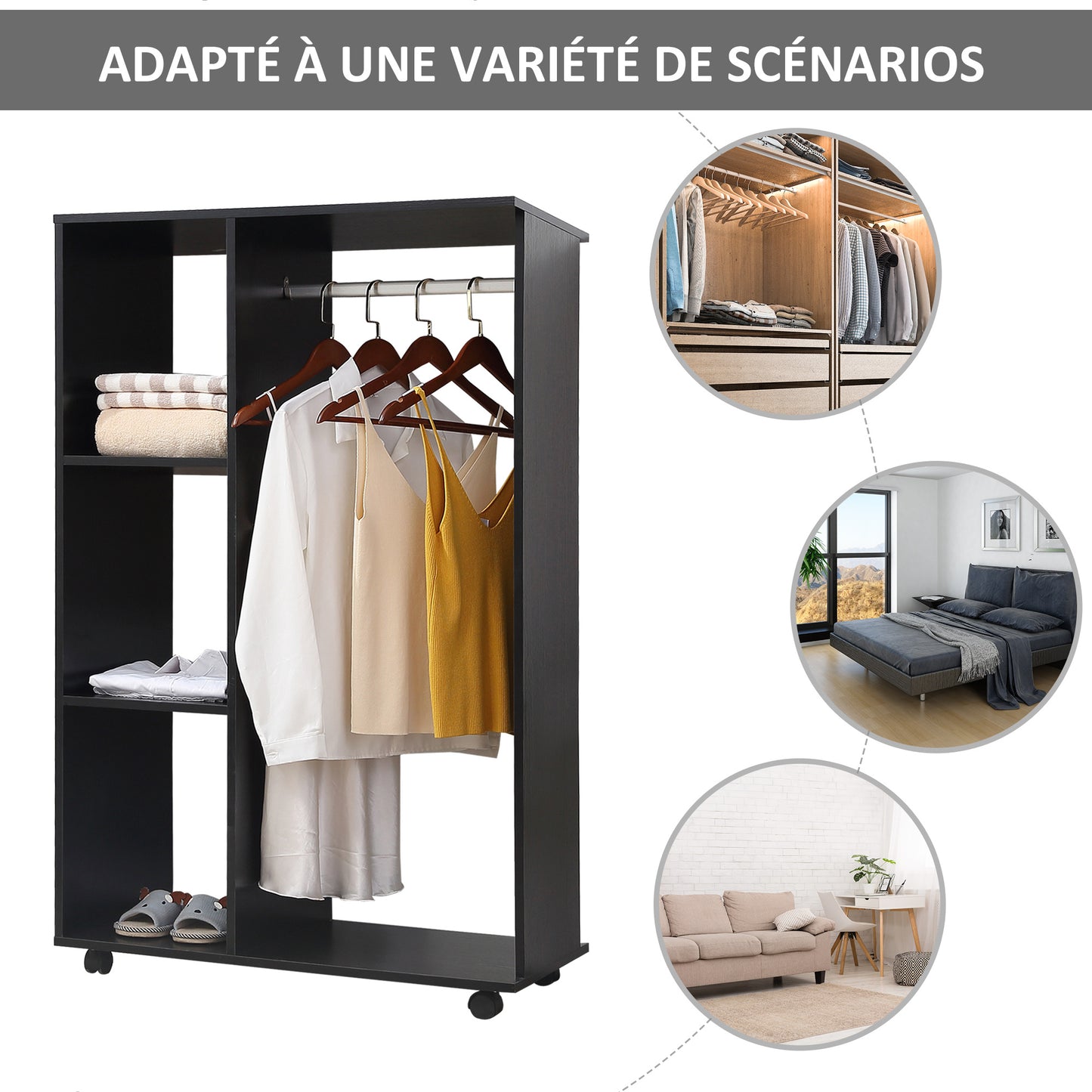 Open Kledingkast – Garderobekast – Kledingrek – Opbergkast – Mobiele Kast – Zwart – Compact 80x40x128 cm – Aluminium Roede & Wieltjes Met Rem
