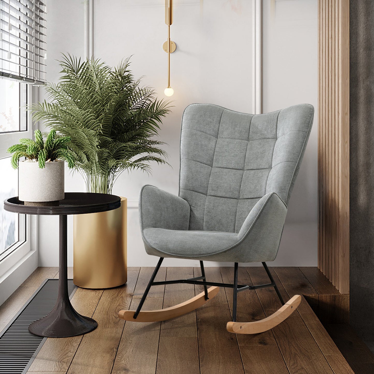Schommelstoel – Schommelstoel Stoel Relaxstoel Rocking Chair – Grijs – Scandinavisch Design – Beukenhout Frame – Metaal – 66x84x97 cm – Comfortabele Hoogwaardige Schuimvulling