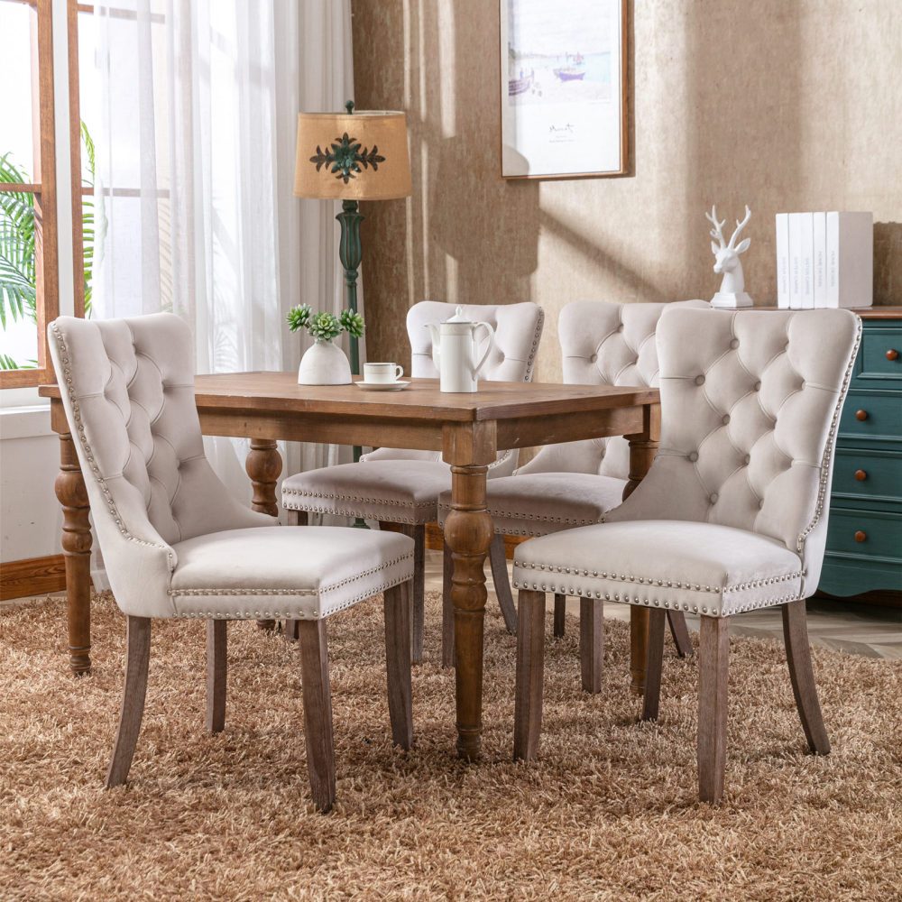 Set of 2 Modern Luxury Tufted Velvet Dining Chairs - Plush Upholstered Seats with Nailhead Trim, Dark Brown/Black Legs & Neutral-Toned Cushion, Easy-Clean Fabric for Contemporary Dining Room, Living Room, or Office - Multi-Co