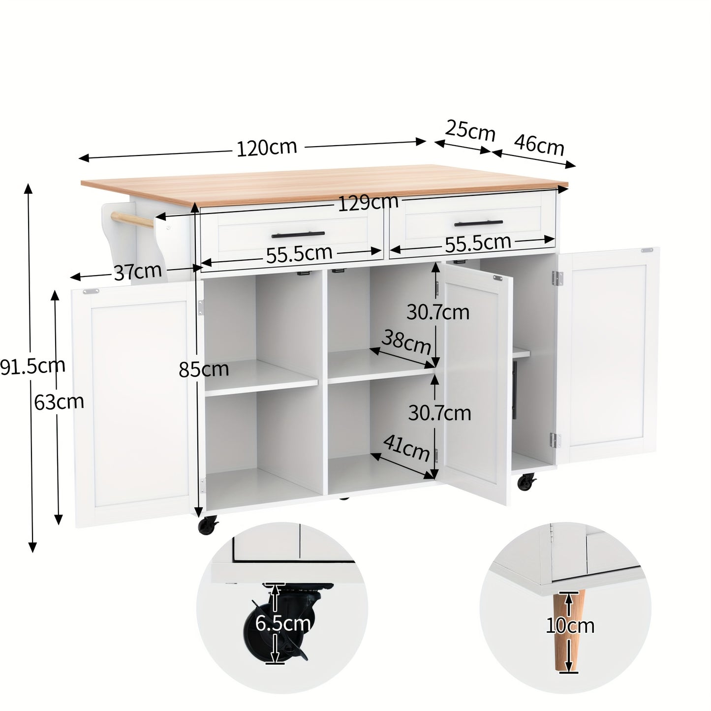 White Modern Mobile Kitchen Island with Folding Table Top, Built-In Shelves & Storage Cabinet, 2 Drawers - Heavy-Duty Metal Frame, Space-Saving Rolling Cart with Breakfast Bar, 129x46x91.5cm, No Electrical Required for Dining