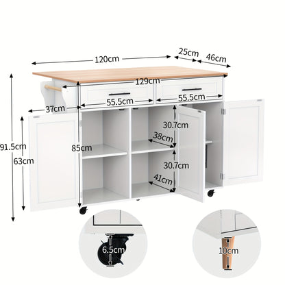 White Modern Mobile Kitchen Island with Folding Table Top, Built-In Shelves & Storage Cabinet, 2 Drawers - Heavy-Duty Metal Frame, Space-Saving Rolling Cart with Breakfast Bar, 129x46x91.5cm, No Electrical Required for Dining