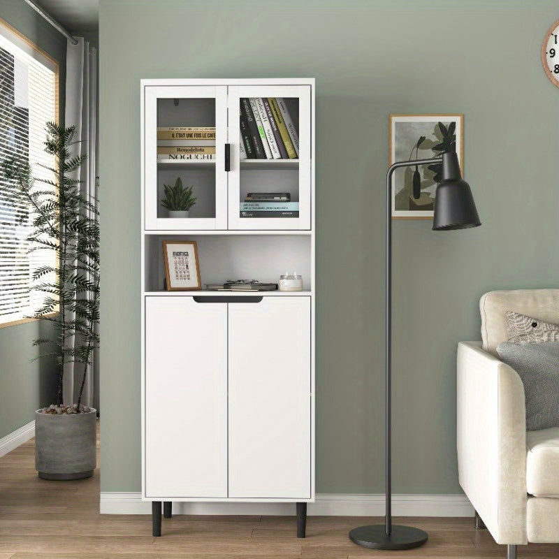 Boekenkast – Boekenrek – Opbergkast – Vakkenkast – Wandkast – Modern – Met 4 Glazen Deuren – Verstelbare Planken – Metalen Stevige Constructie – Verticale Ruimtebesparing – Wit