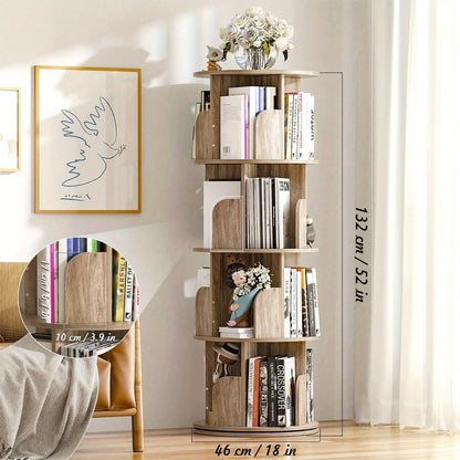 4 Tier Rotating Bookshelf, 360° Revolving Bookcase Wood Rotating Stackable Shelves Floor-Standing Storage Display Rack Used in Bedrooms Living Rooms Study Office (132.08cm x 45.72cm x 45.72cm)