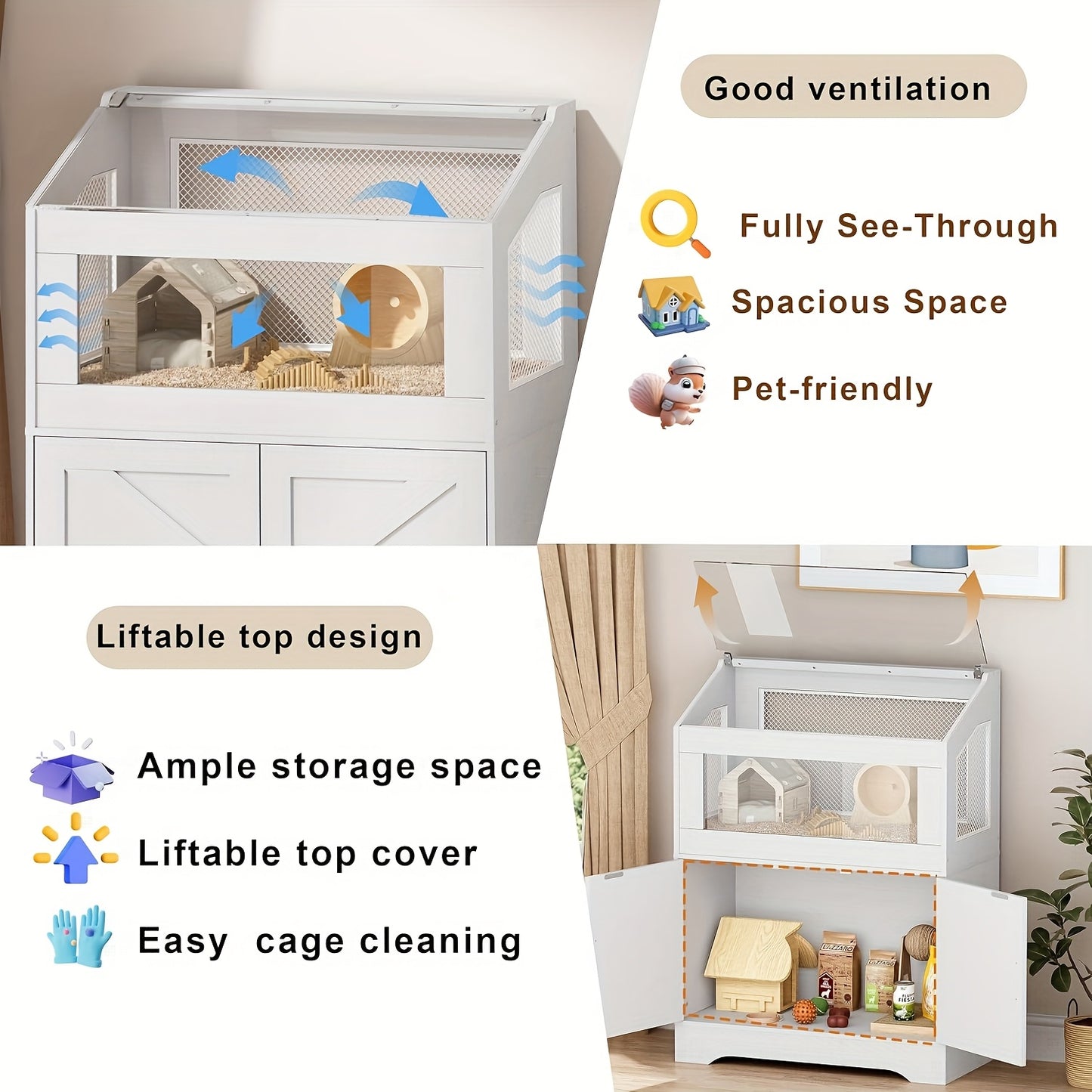 Hamsterkooi – Houten Kooi – Knaagdierkooi – Rattenkooi – Caviakooi – Ruime Kooi 108x80x40 cm – Met Ventilatie & Opbergruimte – Wit