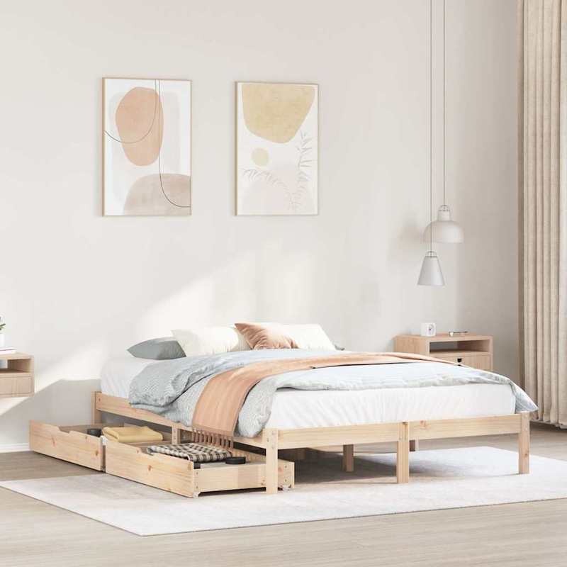 Contemporary Pine Wood Bed Frame 120x200cm - Solid Wood, Removable Headboard & Footboard, Under-Bed Storage Drawers, Easy Assembly, No Mattress Included, Bedroom Furniture, Minimalist Decor, Elegant Design, Durable Constructi