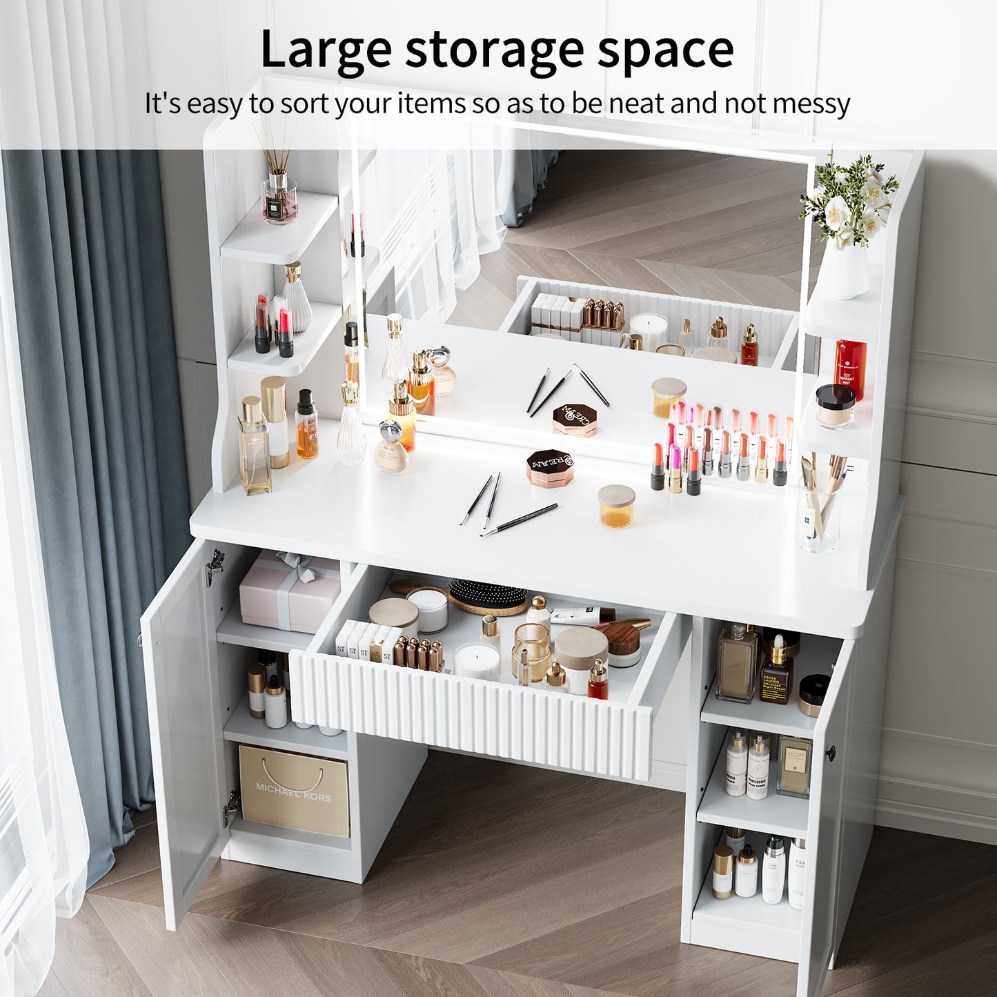 Make-up Tafel – Kaptafel – Dressing Table – Make-up Desk – Schminktisch – Wit Hout & Glas – 110 cm Breed – 2 Laden & Verstelbare Planken – Zachte Kruk – Compact & Functioneel