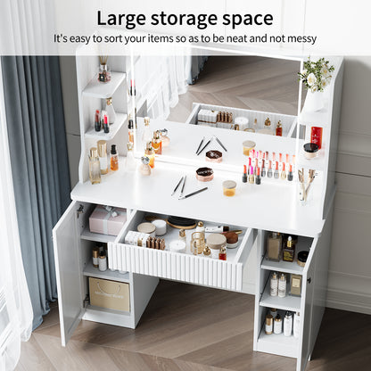 Make-up Tafel – Kaptafel – Dressing Table – Make-up Desk – Schminktisch – Wit Hout & Glas – 110 cm Breed – 2 Laden & Verstelbare Planken – Zachte Kruk – Compact & Functioneel