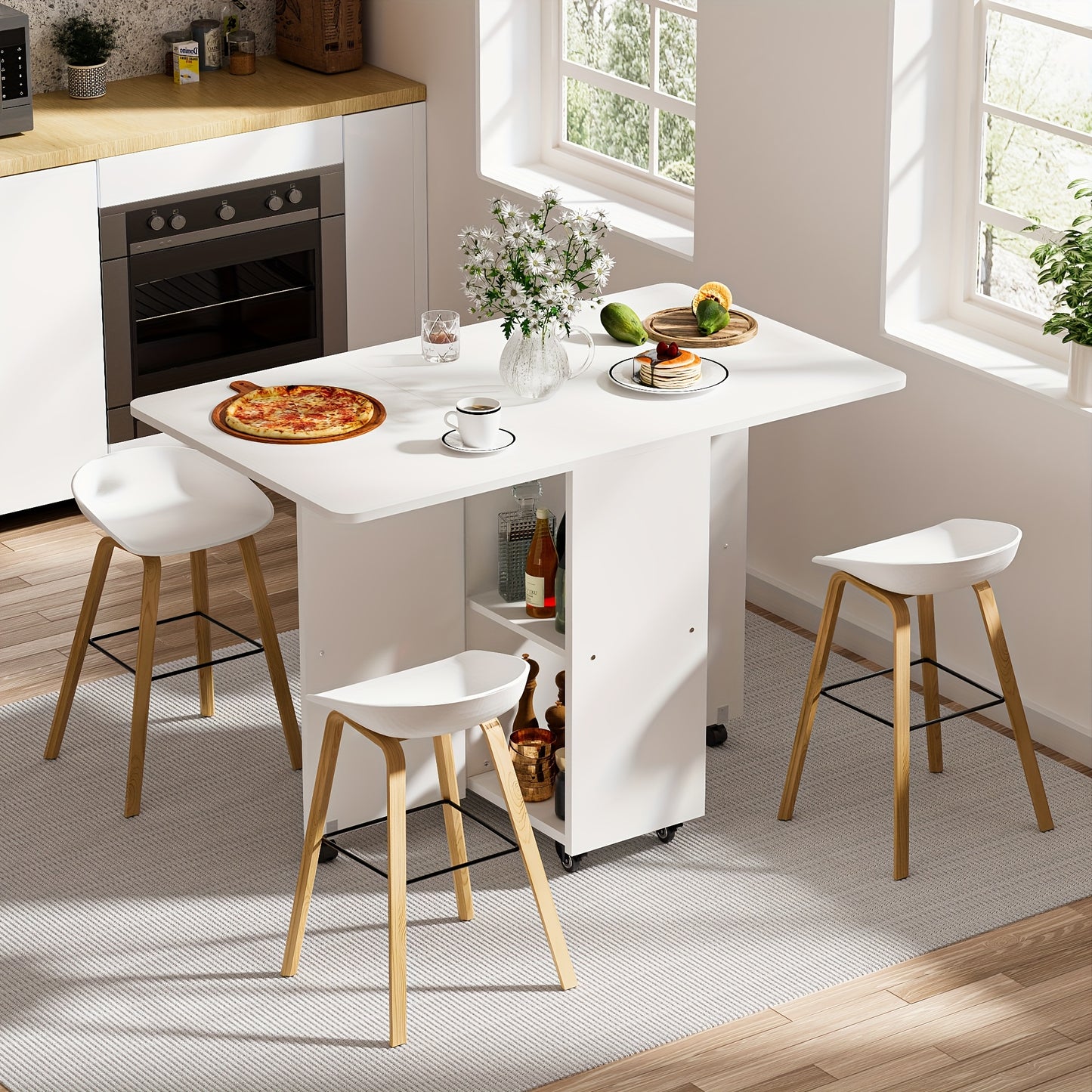 Uitklaptafel – Klaptafel – Vouwtafel – Eettafel – Inklapbare Tafel – Modern Wit & Hout – Ruimtebesparend Design – Vier Zwenkwieltjes Met Rem – Opbergruimte – 120x70x75 cm