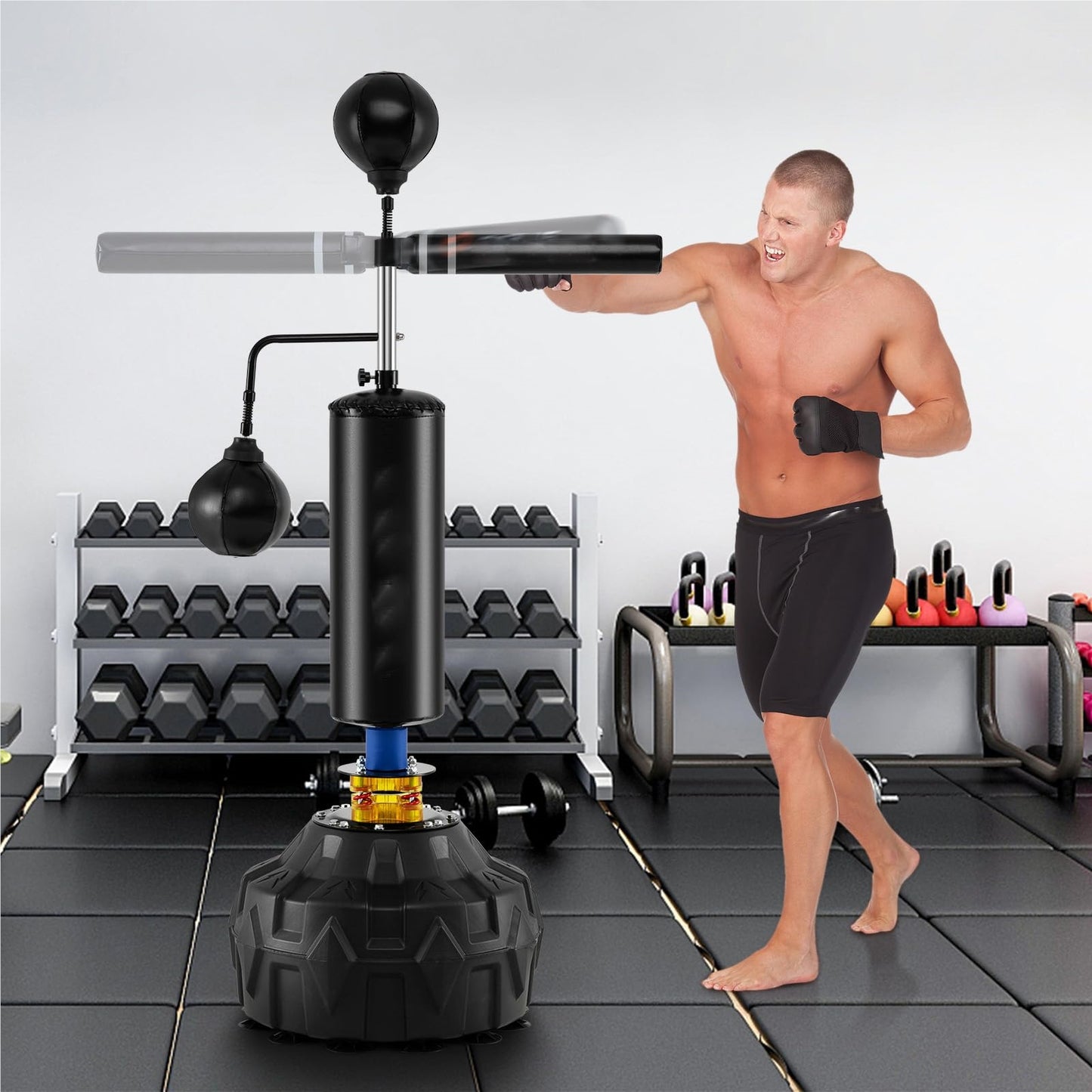 Bokszak – Staande Bokszak – Boksbal – Bokspaal – Kickboks Zak – Verstelbaar 168-201 cm – 360° Reflexstok met 2 Speedballs