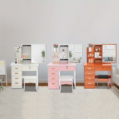 kaptafel – make-up tafel – cosmetische tafel – dressing table – toilettafel – modern roze-witte kaptafel – 5 lades & opbergruimte – stevig MDF fiberboard design