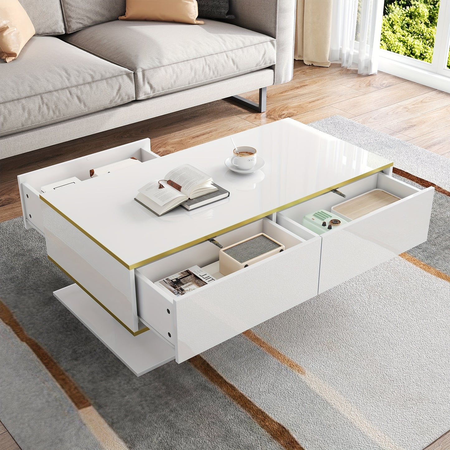 Salontafel – Woonkamertafel – Bijzettafel – Koffietafel – Tafeltje – Hoogglans Wit – Gouden Accenten – 3 Lades Met Open Vakken