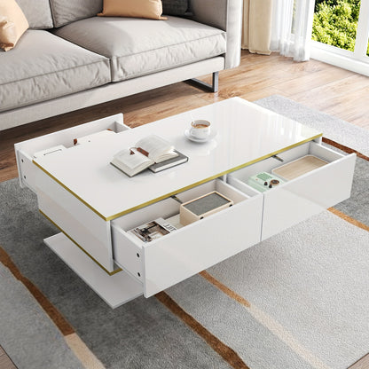 Salontafel – Woonkamertafel – Bijzettafel – Koffietafel – Tafeltje – Hoogglans Wit – Gouden Accenten – 3 Lades Met Open Vakken