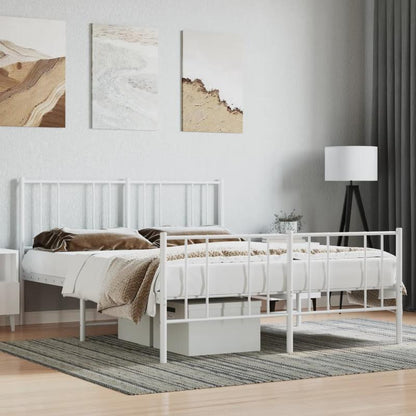 Modern White Metal Bed Frame with Headboard and Footboard - 140x200cm, Minimalist Contemporary Design, Includes Storage Drawers, Easy Assembly, No Power Needed, Bedroom Furniture, Sleek Metallic Finish, Sturdy Construction, B