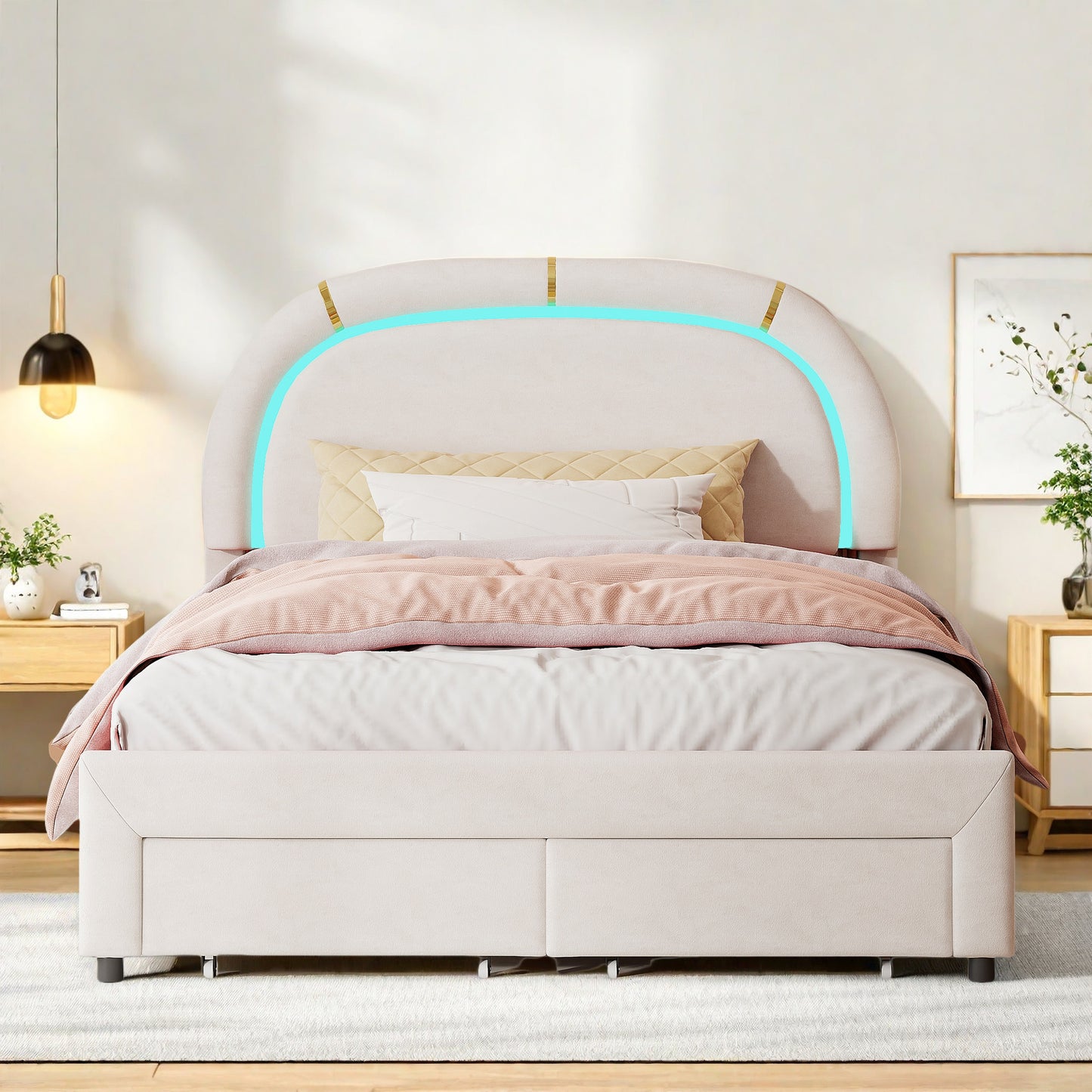 Bed – Bedframe – Led-bed – Stijlvol Tweepersoonsbed – Opberglades Bed – Velvet Hoofdbord – Usb Oplaadpoort – 140x200 cm Off-white