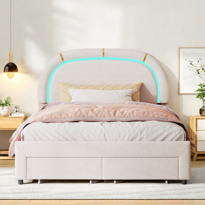Bed – Bedframe – Led-bed – Stijlvol Tweepersoonsbed – Opberglades Bed – Velvet Hoofdbord – Usb Oplaadpoort – 140x200 cm Off-white