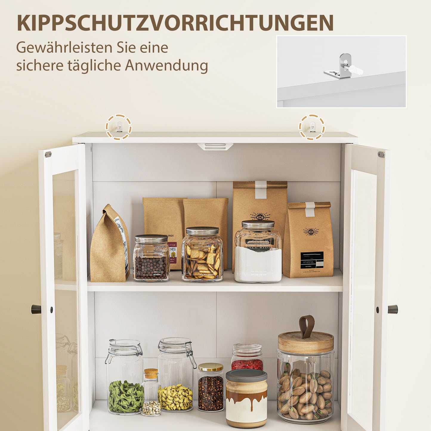 Keukenkast – Kast – Opbergmeubel – Dressoir – Ladekast – Wit – Glazen Deuren – Melamine Afwerking – Elektriciteitsvrij