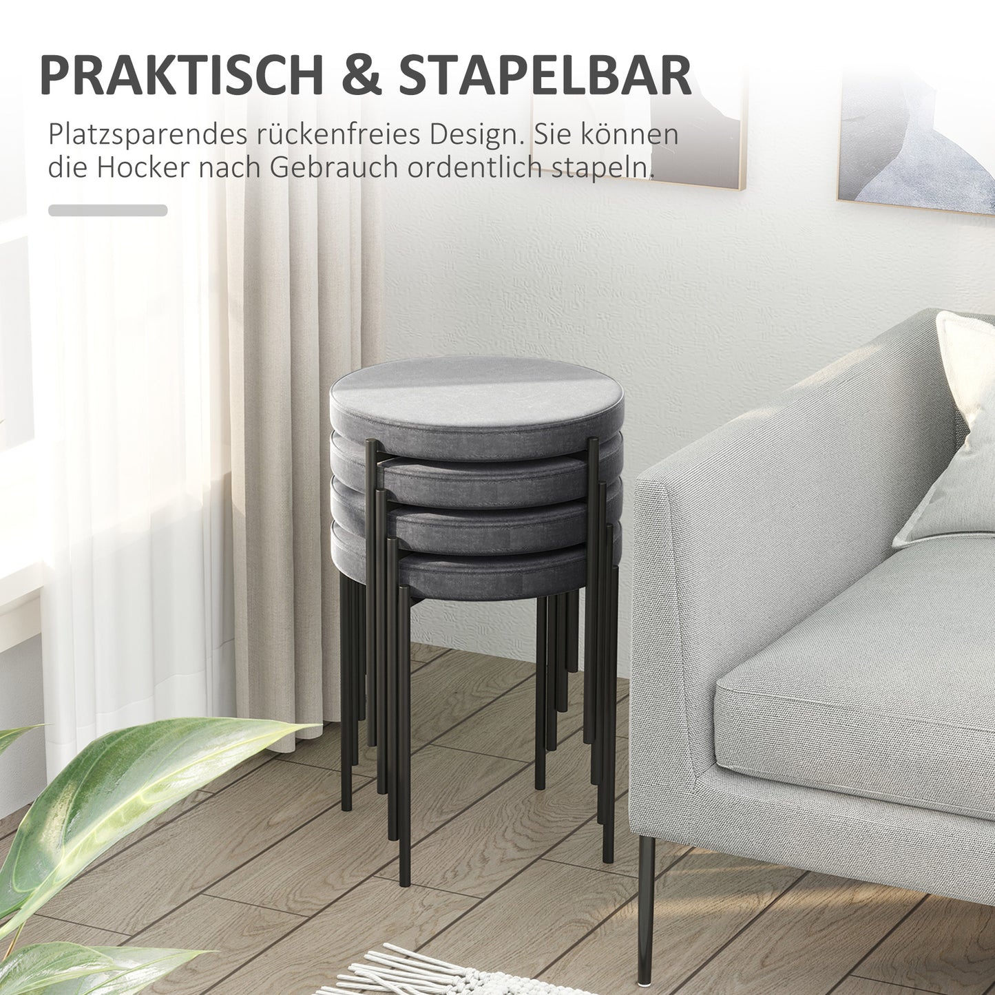 Barkrukken – Krukken – Stapelbare Stoelen – Keukenkrukken – Velours Stoelen – Set Van 4 Donkergrijs – Stapelbaar & Stevig Metalen Frame – Zachte Velours Bekleding