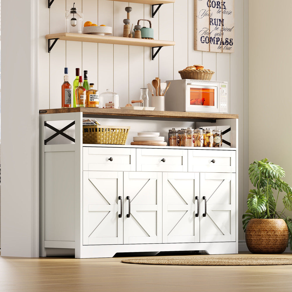 Buffet Sideboard with Storage Space | Coffee Bar with 3 Drawers, Rustic-Style Shelving Unit with Doors, Cabinet with Shelves | Suitable for Kitchen, Living Room, Hallway | Rustic Style in White/Brown