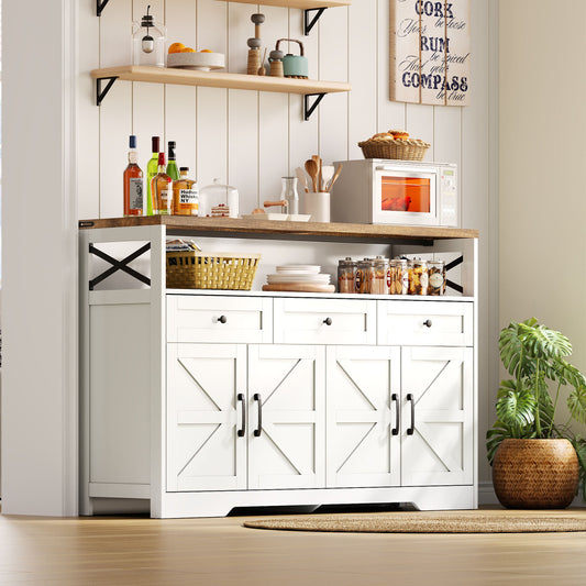 Buffet Sideboard with Storage Space | Coffee Bar with 3 Drawers, Rustic-Style Shelving Unit with Doors, Cabinet with Shelves | Suitable for Kitchen, Living Room, Hallway | Rustic Style in White/Brown