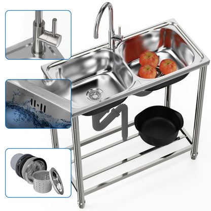 Stainless Steel Sink with Hot And Cold Water Taps, Freestanding Double Basin Sink with Drain Kit Suitable for Outdoor, Kitchen, Camping, Garden, 78x43cm