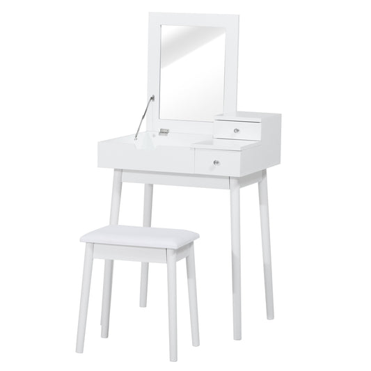 Make-uptafel – Make-uptafel – Kaptafel – Schminktisch – Toillet tafel – Wit MDF – Inklapbare Spiegel – Inclusief Krukje – Opbergruimte