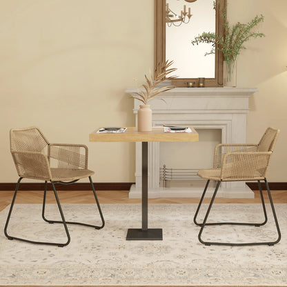 Eetkamerstoel – Keukenstoel – Rattanstoel – Bistrostoel – Stoel Met Stalen Onderstel – Bohemian Vintage Industrieel Design – Gevlochten Touw Zitting – Antislip Poten – 56x59x74 cm – Set Van 2